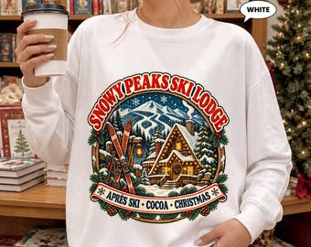 Ski Lodge Sweatshirt, Snowy Peaks Après Cocoa Christmas Crewneck, Retro Winter Cabin Graphic, Cozy Holiday Gift for Skiers