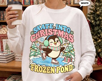 Penguin Sweatshirt, Skate Into Christmas Retro Crewneck, Cute Ice Skating Frozen Pond Graphic, Pastel Holiday Gift for Her