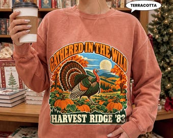 Wild Turkey Sweatshirt, Gathered in the Wild Harvest Ridge Crewneck, Retro Fall Pumpkin Badge, Vintage Thanksgiving Gift