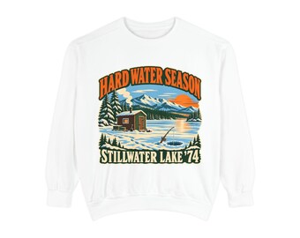 Ice Fishing Sweatshirt, Hard Water Season Vintage Crewneck, Stillwater Lake '74 Cabin Graphic, Cozy Winter Gift for Anglers