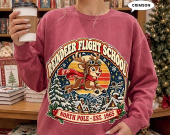 Reindeer Christmas Sweatshirt, Retro Flight School Crewneck, North Pole Winter Village Graphic, Nostalgic Holiday Gift