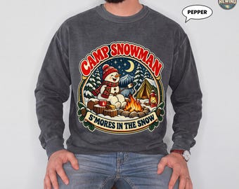 Snowman Camping Sweatshirt, Retro Winter Campfire Crewneck, S'mores in the Snow Graphic, Cozy Christmas Gift for Outdoor Lovers
