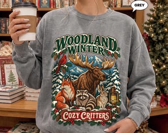Woodland Winter Sweatshirt, Cozy Critters Crewneck, Vintage Moose Fox Raccoon Pullover, Snowy Forest Animals Christmas Gift for Her