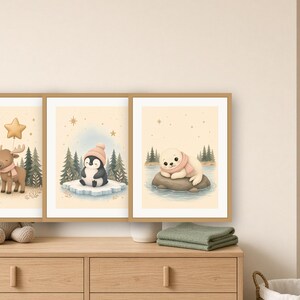 Nursery Prints Set of 3, Nordic Baby Animals Wall Art, Moose Penguin Seal Printable, Sage and Blush Decor image 2