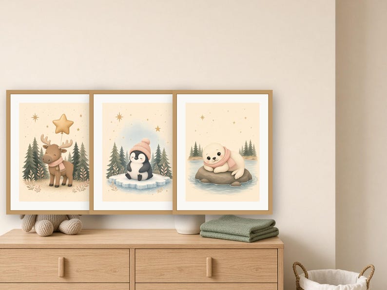 Nursery Prints Set of 3, Nordic Baby Animals Wall Art, Moose Penguin Seal Printable, Sage and Blush Decor image 2