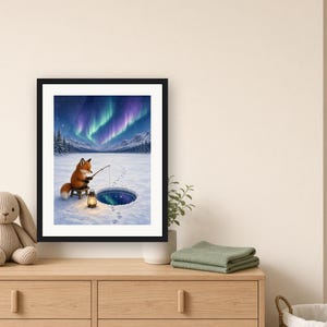 Winter Wall Art Printable, Cute Fox Ice Fishing Art Print, Red Fox Northern Lights Frozen Lake Illustration, Cabin Decor, Fishing Gift image 6