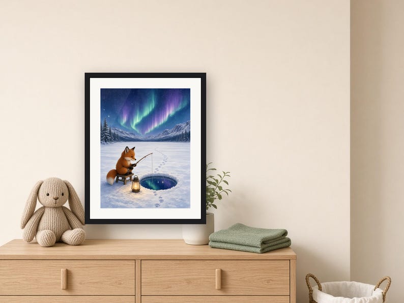 Winter Wall Art Printable, Cute Fox Ice Fishing Art Print, Red Fox Northern Lights Frozen Lake Illustration, Cabin Decor, Fishing Gift image 6