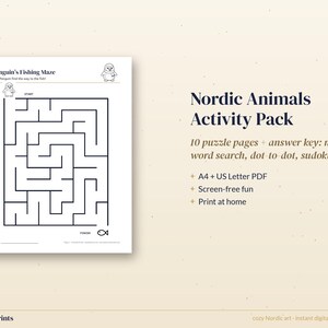 Páginas de actividades imprimibles para niños, 10 fichas de animales nórdicos, laberinto, unir puntos, sopa de letras, clave de respuestas. imagen 3