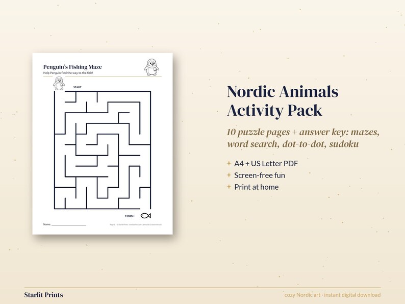 Páginas de actividades imprimibles para niños, 10 fichas de animales nórdicos, laberinto, unir puntos, sopa de letras, clave de respuestas. imagen 3