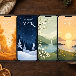 May include: Four smartphones displayed side-by-side, each featuring a unique digital wallpaper. The screens show the time 9:41 and the date Friday, December 4. The designs depict an autumn forest, a snowy night, a waterfall, and a sunset.