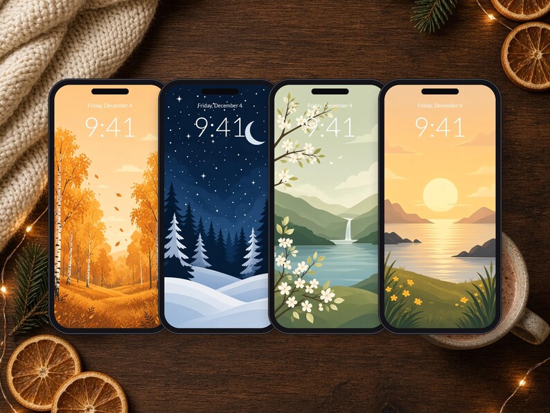 May include: Four smartphones displayed side-by-side, each featuring a unique digital wallpaper. The screens show the time 9:41 and the date Friday, December 4. The designs depict an autumn forest, a snowy night, a waterfall, and a sunset.