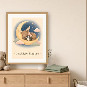 Lámina infantil celestial, cuadro de buenas noches con la luna y las estrellas, decoración imprimible de alce bebé y pingüino imagen 2