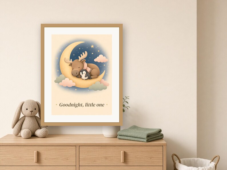Lámina infantil celestial, cuadro de buenas noches con la luna y las estrellas, decoración imprimible de alce bebé y pingüino imagen 2