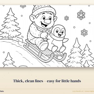 Disegni di Natale da colorare per bambini, 15 fogli da colorare stampabili con alci e pinguini, attività per le vacanze in formato PDF immagine 6