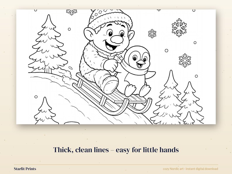 Disegni di Natale da colorare per bambini, 15 fogli da colorare stampabili con alci e pinguini, attività per le vacanze in formato PDF immagine 6