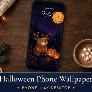 かわいいハロウィンのスマホ壁紙、魔女の帽子をかぶったヘラジカのiPhone背景、カボチャの4Kデスクトップ壁紙