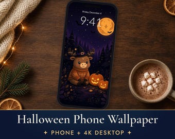 Cute Halloween Phone Wallpaper, Moose in Witch Hat iPhone Background, Pumpkin 4K Desktop Wallpaper