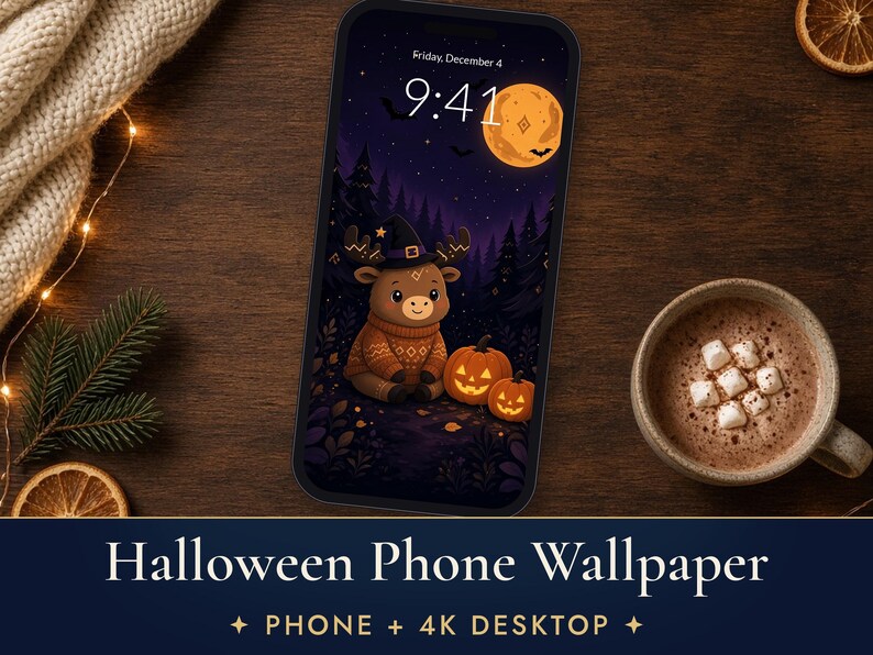 K&ouml;nnte beinhalten: Ein Smartphone mit einem digitalen Hintergrundbild, das ein Cartoon-Reh mit Hexenhut und Pullover zeigt, das in einem Wald mit zwei K&uuml;rbislaternen unter einem gro&szlig;en orangefarbenen Mond sitzt. Auf dem Bildschirm ist die Uhrzeit 9:41 zu sehen.