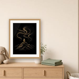 Black and Gold Wall Art Printable, Gold Line Art Print, Northern Lights Penguin Poster, Minimalist Aurora Art, Modern Living Room Decor image 6