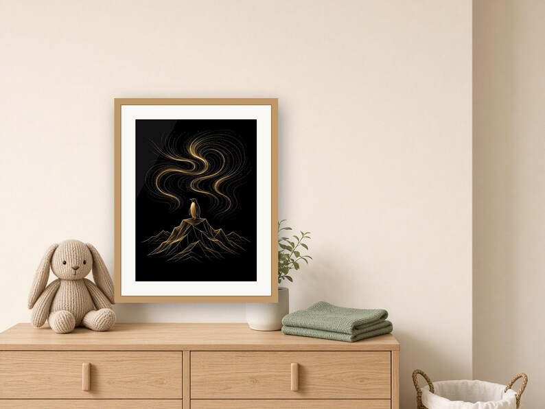 Black and Gold Wall Art Printable, Gold Line Art Print, Northern Lights Penguin Poster, Minimalist Aurora Art, Modern Living Room Decor image 6