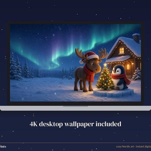 Christmas Phone Wallpaper, Cute Moose and Penguin iPhone Background, Northern Lights 4K Desktop Wallpaper image 6
