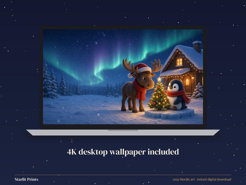 Christmas Phone Wallpaper, Cute Moose and Penguin iPhone Background, Northern Lights 4K Desktop Wallpaper image 6