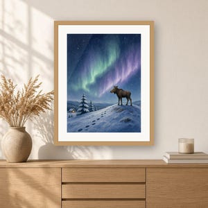 Winter Wall Art Printable, Moose Calf Northern Lights Art Print, Aurora Borealis Nordic Landscape Illustration, Cabin Decor Download image 2