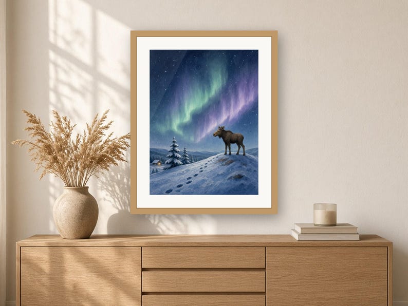 Winter Wall Art Printable, Moose Calf Northern Lights Art Print, Aurora Borealis Nordic Landscape Illustration, Cabin Decor Download image 2