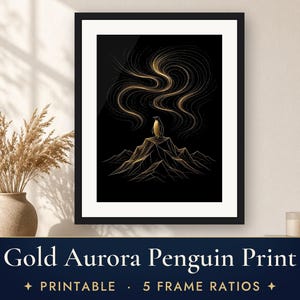 Black and Gold Wall Art Printable, Gold Line Art Print, Northern Lights Penguin Poster, Minimalist Aurora Art, Modern Living Room Decor image 1