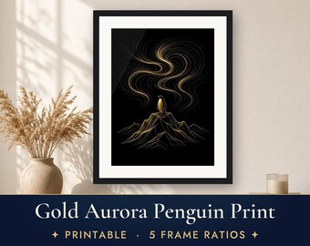 Northern Lights Penguin Print, Black and Gold Line Art, Minimalist Aurora Wall Art Printable