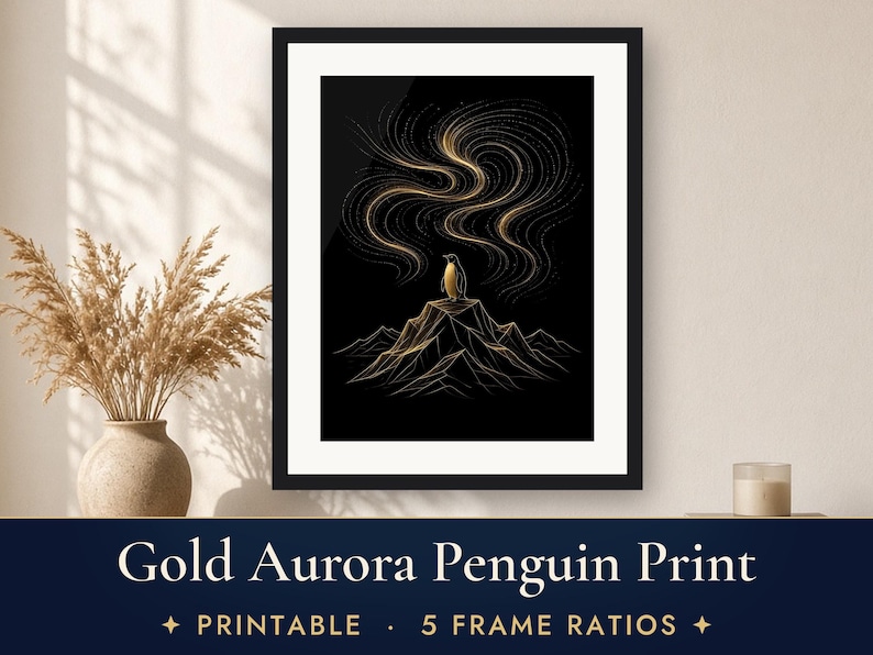 Black and Gold Wall Art Printable, Gold Line Art Print, Northern Lights Penguin Poster, Minimalist Aurora Art, Modern Living Room Decor image 1