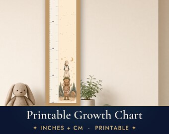 Printable Growth Chart for Kids, Nordic Animals Height Chart in Inches and CM, Moose Penguin Nursery Decor