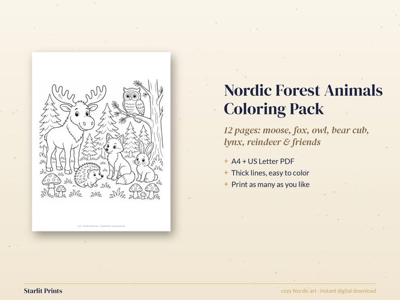 Woodland Animal Coloring Pages for Kids, 12 Printable Nordic Forest Coloring Sheets, Moose Fox Owl PDF image 3