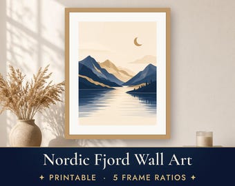 Scandinavian Fjord Print, Navy and Gold Mountain Moon Wall Art, Minimalist Nordic Printable Poster