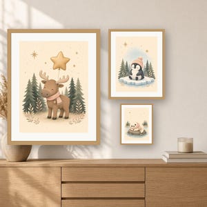 Nursery Prints Set of 3, Nordic Baby Animals Wall Art, Moose Penguin Seal Printable, Sage and Blush Decor image 6