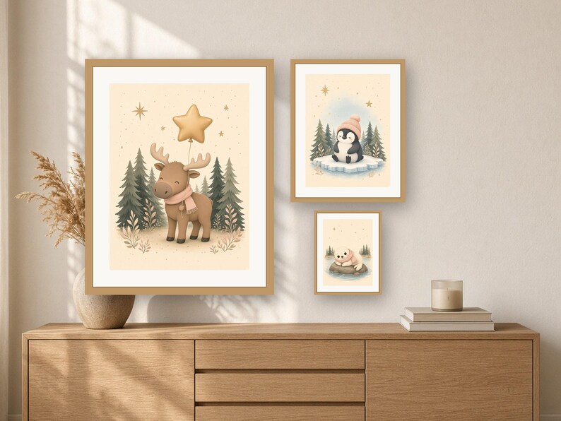 Nursery Prints Set of 3, Nordic Baby Animals Wall Art, Moose Penguin Seal Printable, Sage and Blush Decor image 6