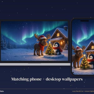Christmas Phone Wallpaper, Cute Moose and Penguin iPhone Background, Northern Lights 4K Desktop Wallpaper image 3