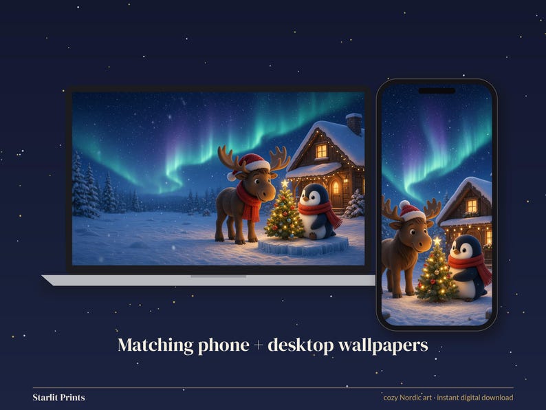 Christmas Phone Wallpaper, Cute Moose and Penguin iPhone Background, Northern Lights 4K Desktop Wallpaper image 3