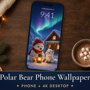 Telefoonachtergrond met ijsbeer, schattige achtergrond met noorderlicht voor iPhone, 4K bureaubladachtergrond met poolvos afbeelding 1