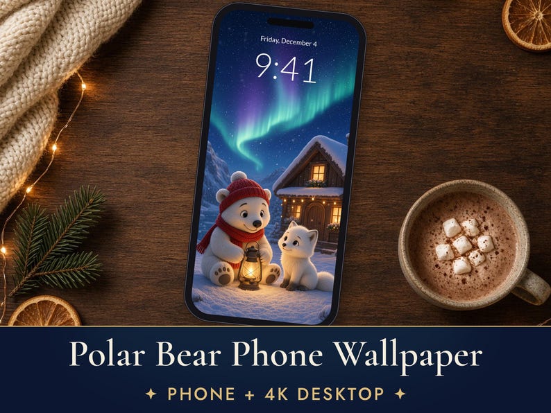 Telefoonachtergrond met ijsbeer, schattige achtergrond met noorderlicht voor iPhone, 4K bureaubladachtergrond met poolvos afbeelding 1
