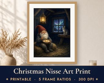 Christmas Nisse Art Print, Tomte Eating Porridge in Barn, Cozy Nordic Christmas Wall Art, Northern Lights Illustration Printable
