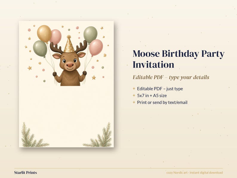 Editable Moose Birthday Invitation, Woodland Kids Party Invite Template, First Birthday Printable 5x7 image 3