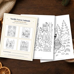 Woodland Animal Coloring Pages for Kids, 12 Printable Nordic Forest Coloring Sheets, Moose Fox Owl PDF image 2