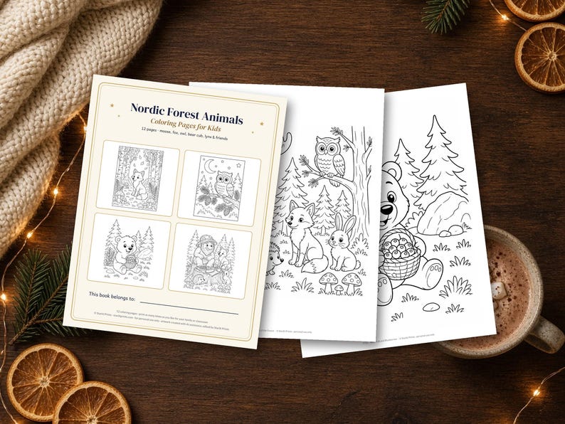 Woodland Animal Coloring Pages for Kids, 12 Printable Nordic Forest Coloring Sheets, Moose Fox Owl PDF image 2