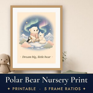 Polar Bear Nursery Print, Arctic Animals Wall Art, Northern Lights Baby Printable, Pastel Kids Room Decor image 1