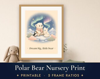 Polar Bear Nursery Print, Arctic Animals Wall Art, Northern Lights Baby Printable, Pastel Kids Room Decor