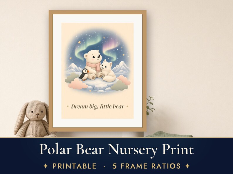 Polar Bear Nursery Print, Arctic Animals Wall Art, Northern Lights Baby Printable, Pastel Kids Room Decor image 1