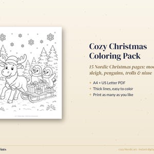 Disegni di Natale da colorare per bambini, 15 fogli da colorare stampabili con alci e pinguini, attività per le vacanze in formato PDF immagine 3