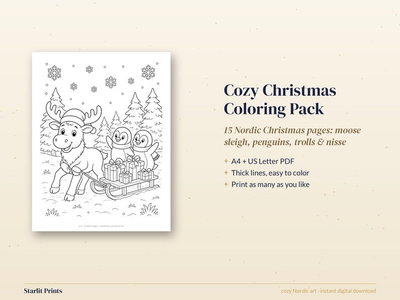 Disegni di Natale da colorare per bambini, 15 fogli da colorare stampabili con alci e pinguini, attività per le vacanze in formato PDF immagine 3