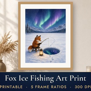 Winter Wall Art Printable, Cute Fox Ice Fishing Art Print, Red Fox Northern Lights Frozen Lake Illustration, Cabin Decor, Fishing Gift image 1